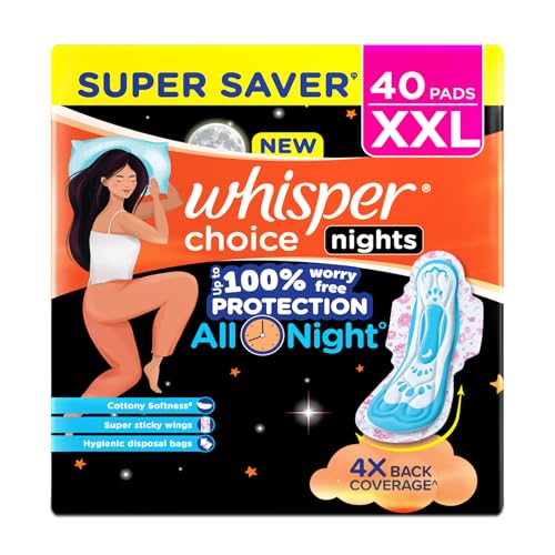 Whisper Choice Nights, 40 XXL Pads, Gives Up to 100% worry-free protection all night** with 4x back coverage^