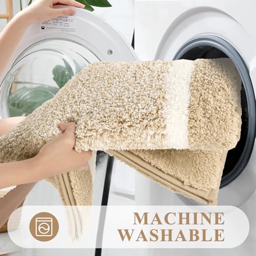 Pauwer 3 Pieces Bathroom Rugs Sets, Microfiber Shaggy Bath Mat Set, Ultra Soft Non-Slip Rug with U Shaped Toilet for Bathroom, Tub, Shower Washable Carpets Set,Beige
