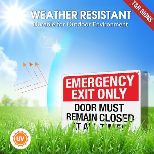 Image of T&R Large Emergency Exit Only Sign Door Must Remain Closed At All Times - 2 Pack - 14 x 10 Inches Rust Free .040 Aluminum Reflective - UV Protected, Waterproof, Weatherproof and Fade Resistant - 6 Pre-drilled Holes
