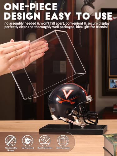 Image of JupDec Mini Helmet Display Case, Acrylic Clear 1 /2 Football Baseball Helmet Showcase, UV Protection Collectibles Box with Solid Wood Base & Riser, Ideal Gift for Sports Fans, Black,2 Pack