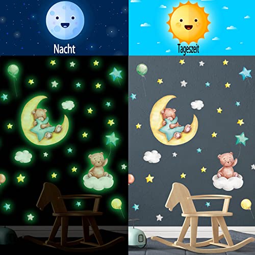 Leuchtsterne Wandtattoo Kinderzimmer Deko, Kleiner Bär Leuchtender Wandaufkleber für Kinder Schlafzimmer, Babybär Leuchtsticker Wandsticker, Leuchtmond Wanddeko Geschenk für Babyzimmer Mädchen Jungen