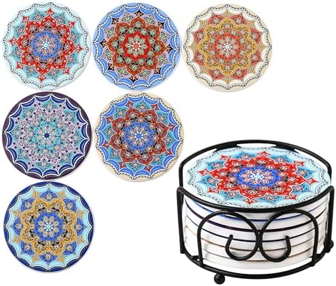 LOVECASA Ceramiczne podstawki z korkiem chłonny kamień Boże Narodzenie mata na kubek do kawy napoje, wielokolorowe podstawki z uchwytem, styl mandala-6 szt., 10 cm
