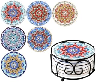 LOVECASA Ceramiczne podstawki z korkiem chłonny kamień Boże Narodzenie mata na kubek do kawy napoje, wielokolorowe podstawki z uchwytem, styl mandala-6 szt., 10 cm