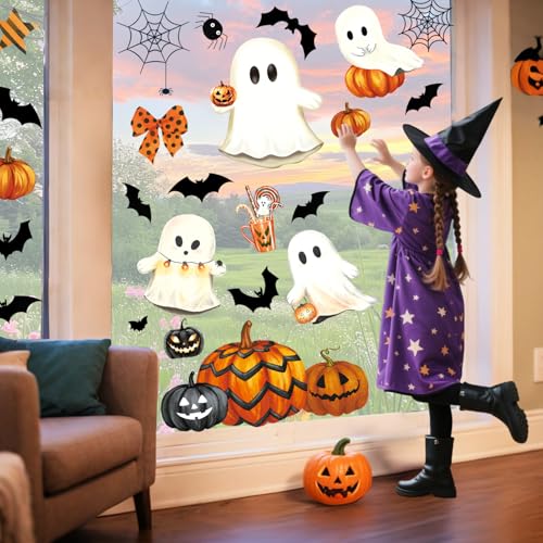 Image of Halloween Window Clings, Ghost Halloween Decorations Indoor Home Room Decor | 8 Sheets Large Window Stickers for Glass Windows & Doors Pumpkin Fall Window Clings Holiday Decals for Office Classroom Party