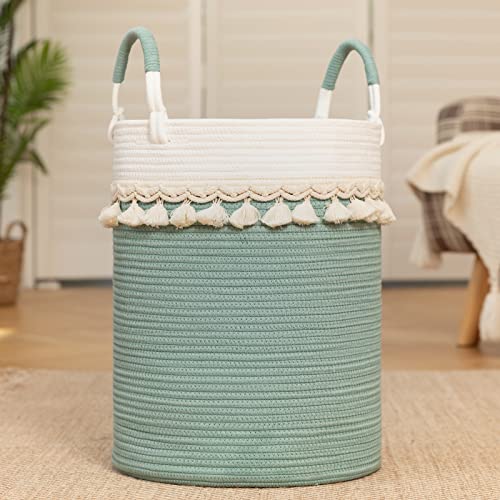Image of OIAHOMY 13.8x13.8x17.7 Inches Nursery Hamper, Decorative Blanket Basket for Living Room, Tall Laundry Basket With Handles, Large Nursery Clothes Hamper, Woven Laundry basket Organizer (Green)