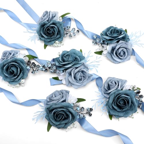 Thiccywoov 6 Pcs Dusty Blue Wrist Corsage Wedding Bridal Corsage Hand Flower Decor Wristband Flowers for Bride Bridesmaid Mother Prom Party Decoration Homecoming Ceremony Anniversary