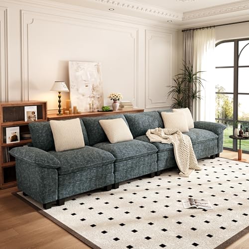 Image of PHI VILLA Cloud Modular Couches Sets, 157.5 inch Sectional Sofa with Upholstered Deep Seat, 4-Seater Long Couches for Living Room Apartment, Chenille Fabric, Dark Cyan