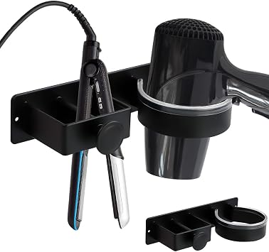 RETON Hair Dryer Holder Wall Mounted, Adhesive Blow Hairdryer Holder Stainless Steel, Hair Straightener Holder Storage, Hair Tool Organizer for Bathroom Curling Iron Salon Hair Care (Black)