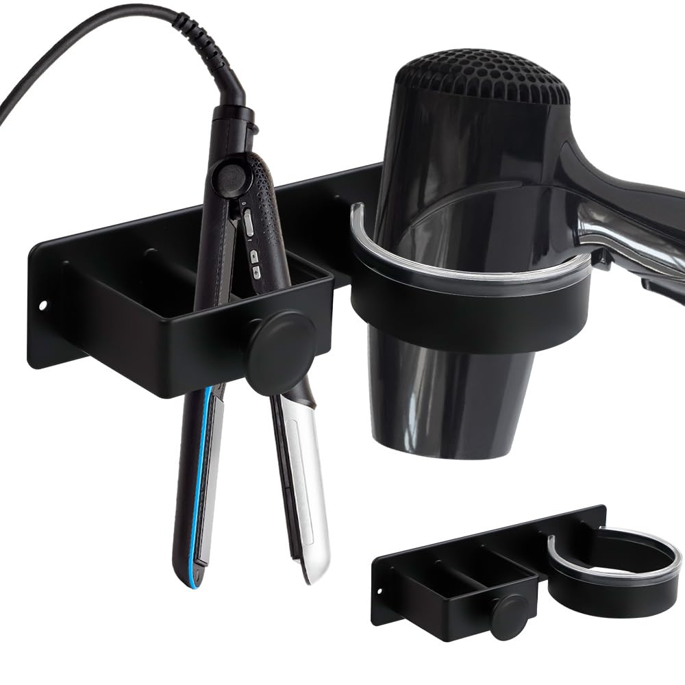 RETON Hair Dryer Holder Wall Mounted, Adhesive Blow Hairdryer Holder Stainless Steel, Hair Straightener Holder Storage, Hair Tool Organizer for Bathroom Curling Iron Salon Hair Care (Black)