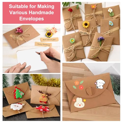 50 Stück Mini Briefumschläge mit Herz Verschluss, Braun Kraftpapier Umschläge mit 50 Stück Blanko Kartenset, Kraftpapierumschlag, für Hochzeitseinladungskarte, Gruß Weihnachten, Valentinstag