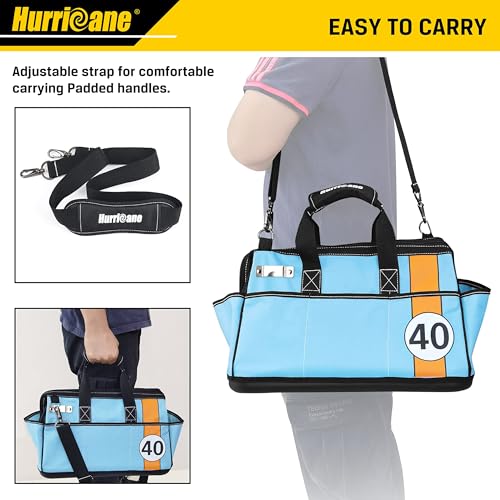 HURRICANE 16 inch Wide Mouth Tool Bag with Water Proof Molded Base with Extra Shoulder Strap, Racing theme-Blue, Multi Pockets, Large Inner Space - Image 7