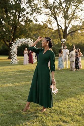 Image of FANDEE Maxi Dress for Women Casual 3 /4 Sleeve V Neck Semi Formal Fit and Flare Dress Classy High Waist Wedding Guest Dresses