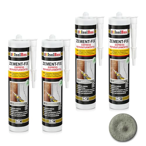 Isolbau Zement-Fix 4 x 300 ml Zementgrau Express Reperaturmörtel - Dichtungsmasse für Fugen & Risse im Innen- & Außenbereich, Kartusche