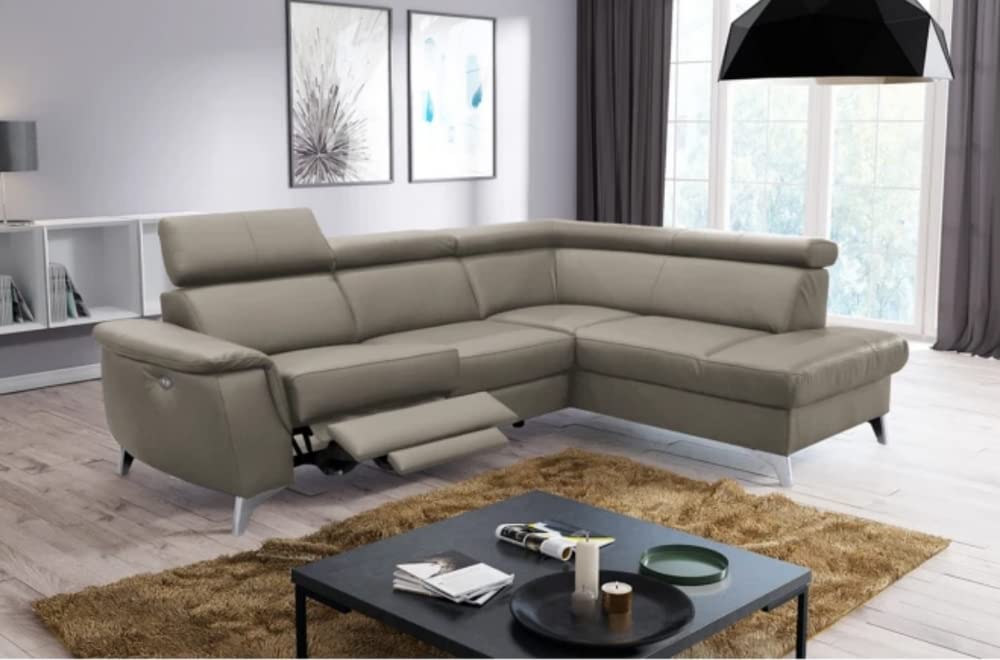 Canapé d'angle en Cuir Italien de Luxe 5/6 Places avec Relax électrique et Coffre, Lincoln, Taupe, Angle Droit