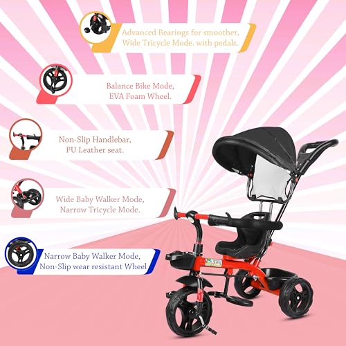 Image of BABY SMILE 4-in-1 Kids Tricycle with Adjustable Canopy, Parent Push Handle, Red and White (RED Black)