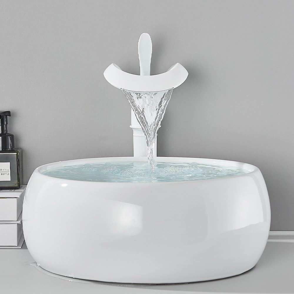 Grifo de Lavabo de baño Blanco, caño de Cascada de un Solo Mango, Grifo Mezclador de Agua fría y Caliente, grúa de Fregadero de Estilo Moderno Dorado Cepillado (Color : Brushed Gold)