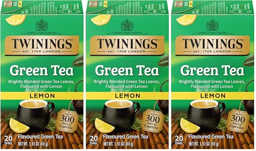 Image of Twinings Green Tea with Lemon - Flavorful Green Tea with Lemon Pieces, Caffeinated Tea Bags Individually Wrapped, 20 Count (Pack of 3)