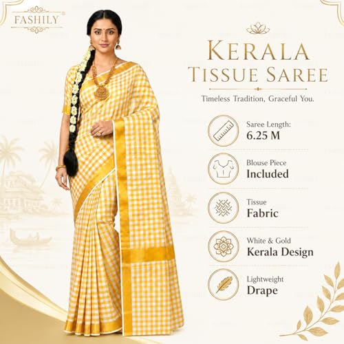 Image of Women's Kerala Tissue Plain Saree with Running Blouse| Onam & Vishu Kani Special | Traditional Kasavu White Colour