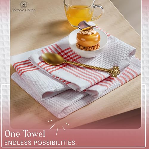 Image of Waffle White & Red Kitchen Dish Towels, Set of 4, 100% Cotton 16x26 inches, Absorbent Tea Towel, Multi-Purpose Hand Cleaning Towel, Strong and Reusable Dish Cloths for Drying Dishes