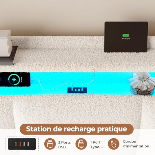 AOGLLATI Polsterbett 140×200 mit Steckdosen und LED-Beleuchtung, Doppelbett mit Stauraum Kopfteil, Bett 140×200 mit Hydraulische Metallrahmen und Lattenrost aus Holz, Bouclé, Beige(Ohne Matratze) – Bild 4