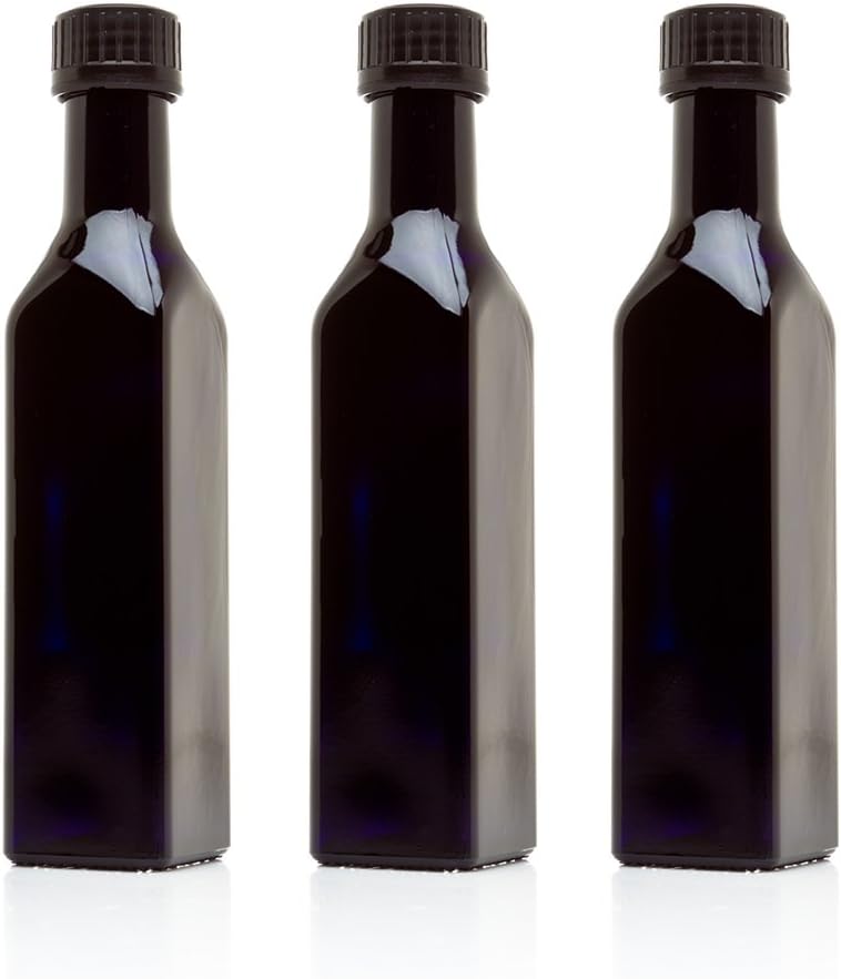 Infinity Jars Black Ultraviolet Square Glass Oil Bottle 250Ml (8.5 Fl oz) w/Plastic Pour Spout, Airtight Round Refill Vinegar Cruet Cooking Oil Dispenser Bottle, Olive Oil Bottle for Kitchen 3-Pack