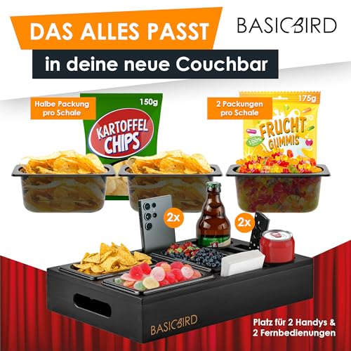 BASICBIRD® Couchbar Snackbox - Organizer Tablett- Snackspender mit 3X Snackschale - Holz Sofatablett für Sofa, Deko, Couch Bar mit Getränkehalter und Fächern – Wohnmobilausstattung (Black Edition)