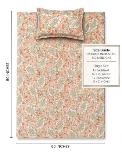 Image of VAS COLLECTIONS 240 TC Premium Cotton Single Bedsheet, Soft Breathable Comfortable Floral Printed Bed Sheet, Elegant Durable Bedding for Bedroom, Easy Care Single Bed Cover,60 x 90 Inches - Warm Sand