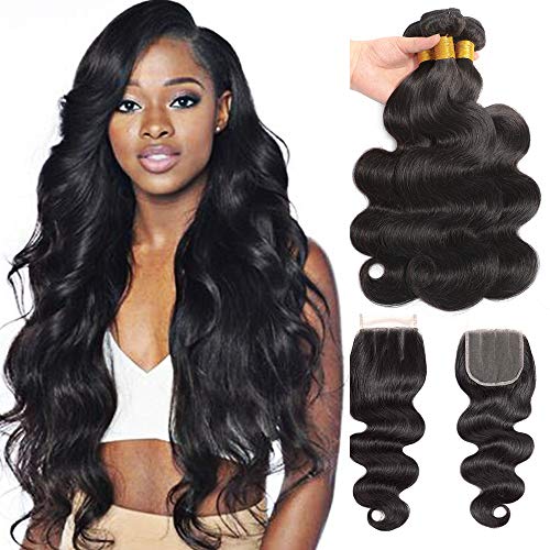 Wicky 9A Brazilian Body Wave 3 Bundles with Closure(20 22 24+18，Three Part) 100% Unprocessed Brazilian Virgin Body Wave Human Hair Weave with 4x4 Swiss Lace Closure,Natural Color