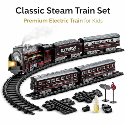 Image of Classic Toy Train Set for Kids 3-8, Electric Steam Train with Real Smoke, Lights and Sounds, DIY Railway Tracks, Battery Operated Passenger Train Play Set, Vintage Black
