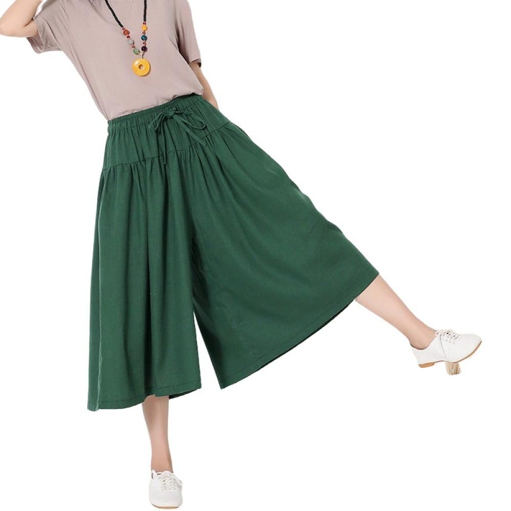Weite Hose Damen, Damen-Hose Aus Baumwollleinen Mit Weitem Bein Culottes-Hose Einfarbig Spleißen Kordelzug Elastisch Hohe Taille Palazzo-Hose Lässig Lockere Swing-Cropped-Hose Oceanside-Hose