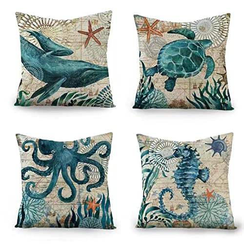 Juego de 4 Fundas de Cojín 45x45 cm, Tema Acuario Marino, Fundas de Cojín de Linaza con Cremallera Oculta Cover