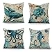 Juego de 4 Fundas de Cojín 45x45 cm, Tema Acuario Marino, Fundas de Cojín de Linaza con Cremallera Oculta, para Sofá y Decoración del Hogar (A)