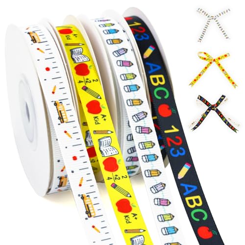 40 Yards 3/8 School Themed Ribbon Decorations Back to School Supplies Apple Pencil Ruller Satin Grosgrain Ribbons for Teacher Appreciation Gifts Package Wrapping Pre K Graduations DIY Crafts Decor