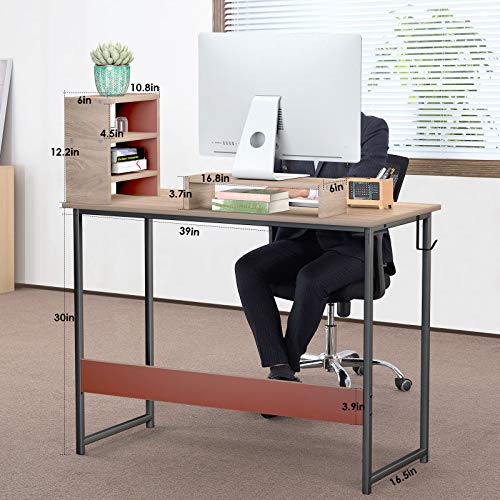Viewee 39\'\' Computer Desk with Monitor Riser | Writing Desk Small table Home Office Desk with Removable locker and Hook | Modern Student Study Desk with Stable Structure (Brown)
