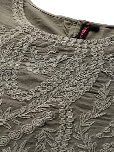 Image of ishin Women's Olive Embroidered High-Low Regular Fit Top