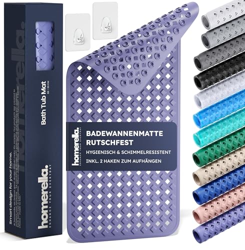 homerella® Badewannenmatte rutschfest 88x39cm, INKL. HAKEN, Rutschfeste Badematte BPA frei, Duschmatte rutschfest, Antirutschmatte Badewanne, Rutschmatte Badewanne, schimmelresistent&maschinenwaschbar