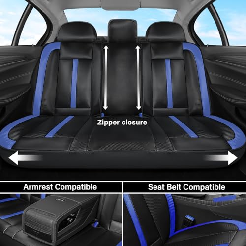 Image of Coverado Leather Car Seat Covers Full Set & Carbon Fiber, Waterproof and Durable All Weather Protector, Universal Fit for SUV, Pickup Truck, Sedan, Automotive Vehicle Interior, Black&Blue