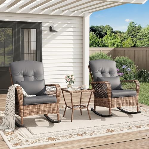GarveeMore Rattan Schaukelstuhl & Tisch, 2 Schaukelsessel Mit Kissen, Balkonmöbel 3-Teiliges Set, Gartenstuhl Gartenmöbel Set Für 2 Personen, Loungemöbel Für Hinterhof, Garten, Balkon, Terrassen