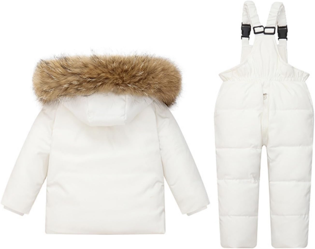 DINGDONG'S CLOSET Tollder Kid Boy Girl Winter Hooded Multi-Pocket Fur Down Parka Puffer Jacket+Snow Bibs 2-Piece Snowsuit Set