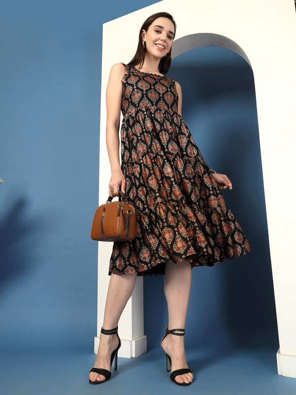 Image of Daevish Cotton Floral Printed Flared Maxi Dress for Women | Women Maxi Length Dress Black