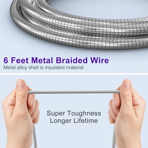 Image of 6FT Chew Proof iPhone Charger Cord - MFi Certified Silver Metal Braided USB to Lightning Cable, Metal Dog Cat Chew Proof iPhone Charging Cord with Data Transfer, for iPhone 14 13 12 11 X XS XR 8 7 6 5
