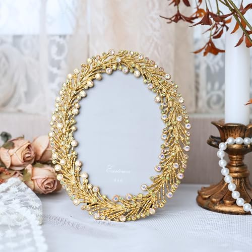ZIYOO Luxury 3.5x5 Oval Crystal Embellished Gold Picture Frame –Vintage Decorative Frame for Tabletop Display&Home Decor&Gift