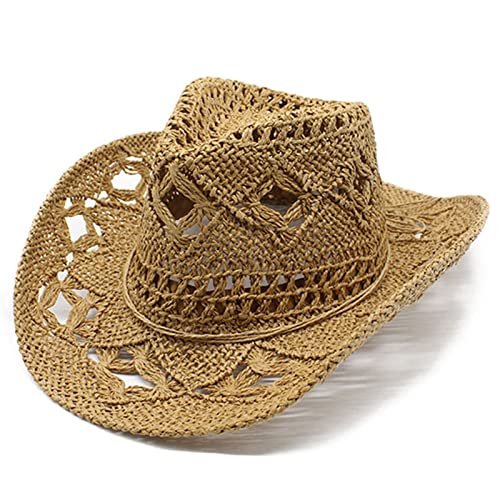 Générique Chapeau de Cowboy Homme Femme Été Shapeable Paille Creusé Soleil Casquette Western Cowgirl Hat Brésilien Bohême Chapeau de Paille pour Voyage...