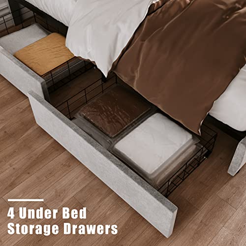 Papajet Queen Size Bed Frame With 4 Drawers And Adjustable Headboard, Upholstered Platform Bed With Mattress Foundation Wooden Slats Support, No Box Spring Needed, Light Grey #TOP6