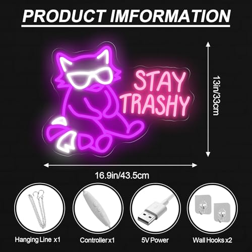 Image of Stay Trashy Neon Sign Raccoon LED Light Stay Trashy Decor Wall Raccoon Decoration Funny Funny Home Decor Room Decoration, 17.1 inchx13 inch