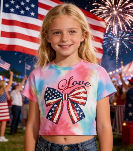Image of Tkria Girl Crop Tops July 4th Crewneck Tshirt American Flag Patriotic USA Flag Girls Outfit Clothes Size 6-14