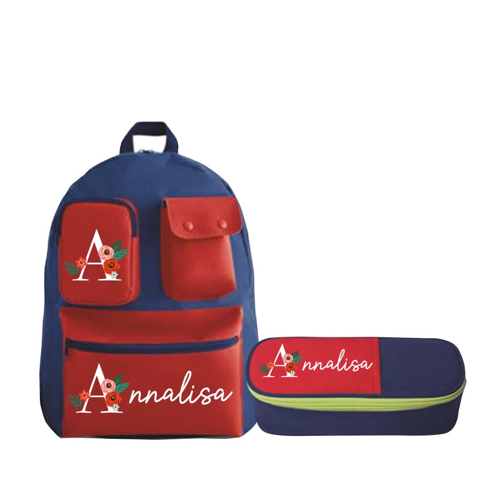 Generico Zaino e Astuccio per Bambini Combo Set 2 Pezzi con Stampa Iniziale floreale e Personalizzabile con Nome asilo elementari medie ragazzi ragazze giovane scuola idea regalo natale 2