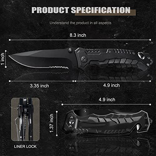 Pocket Knife For Men, Edc Folding Knives With Clip, Glass Breaker, Seatbelt Cutter For Emergency, Cool Pocket Knife With Serrated Blade For Outdoor Survival Tactical Camping Hunting, Gifts For Dad #TOP5