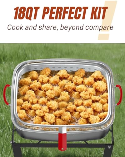 Image of 18QT Fish Fryer Pot with 18QT Basket, Aluminum Deep Fryer with Lid, Thermometer & Tongs, Outdoor Frying Pot for Fish, Chicken Wings & French Fries