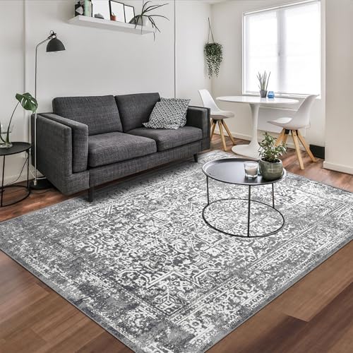 vivorug 6x9 Area Rugs, Stain Resistant Washable Rug for Living Room, Vintage-Inspired Grey Rug
